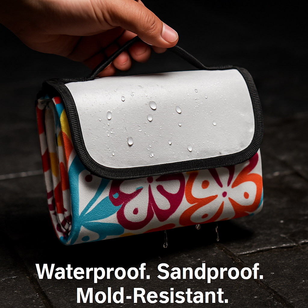Rolled picnic blanket in carry sleeve with water droplets on top