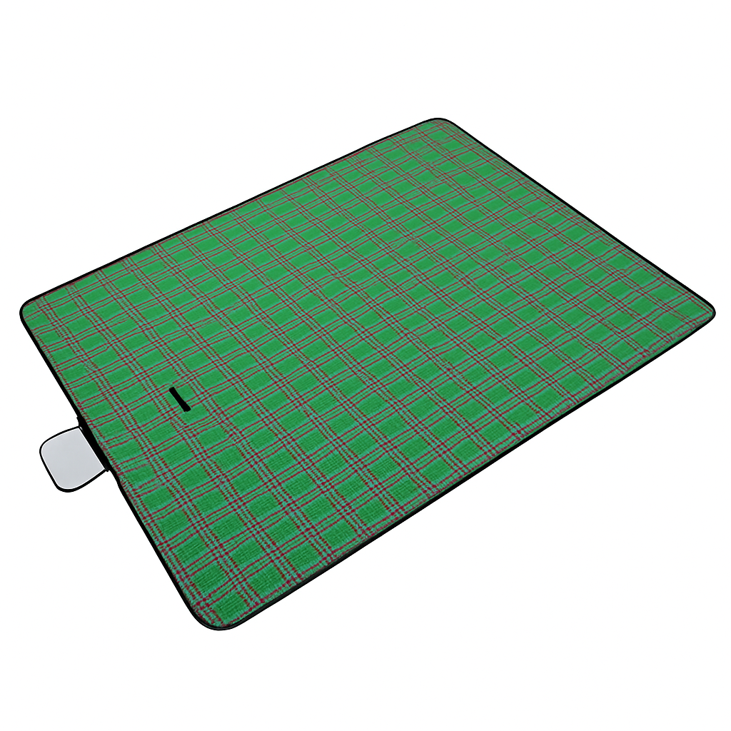 Green plaid picnic blanket, folded rectangle with black border trim