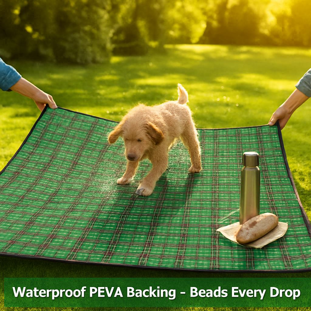 Green plaid picnic blanket spread open, with black trim and small water droplets bead