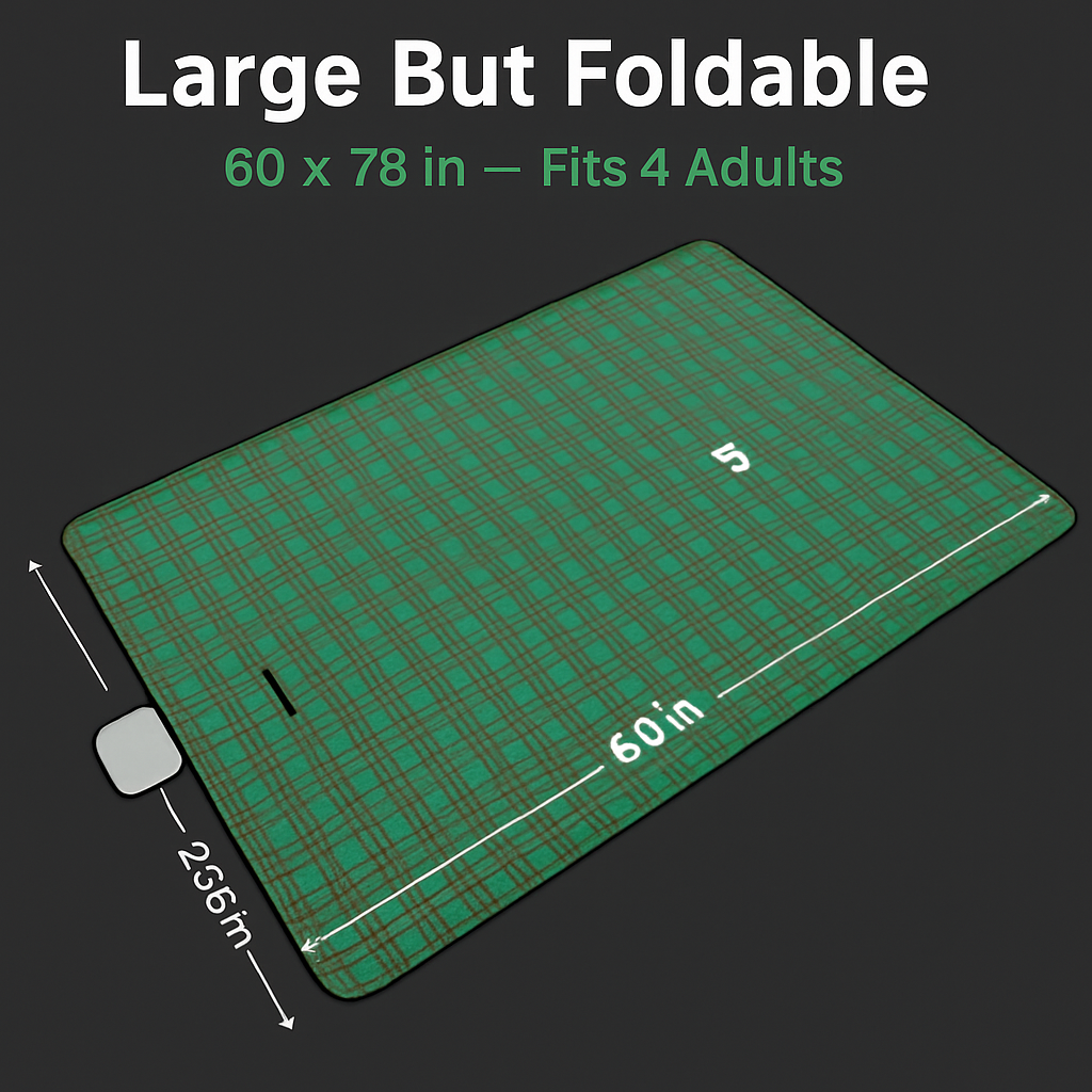 Green plaid foldable picnic blanket, rectangular with black binding and corner carry tab.