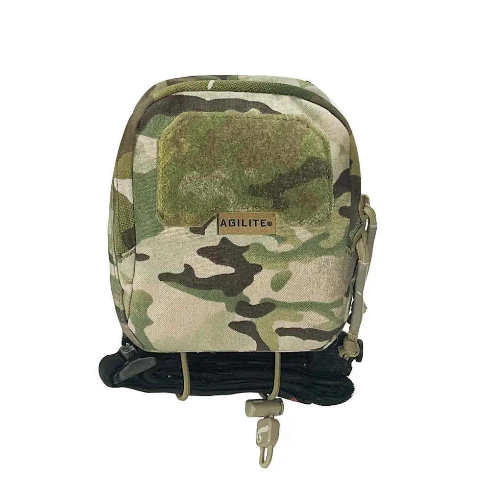 Medium general-purpose pouch in MultiCam camo, rear view with hook patch and cinch strap