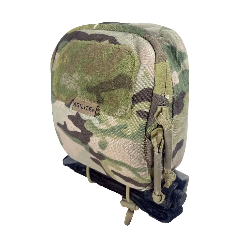 Medium general-purpose pouch in MultiCam camo, side profile with zipper and webbing loops