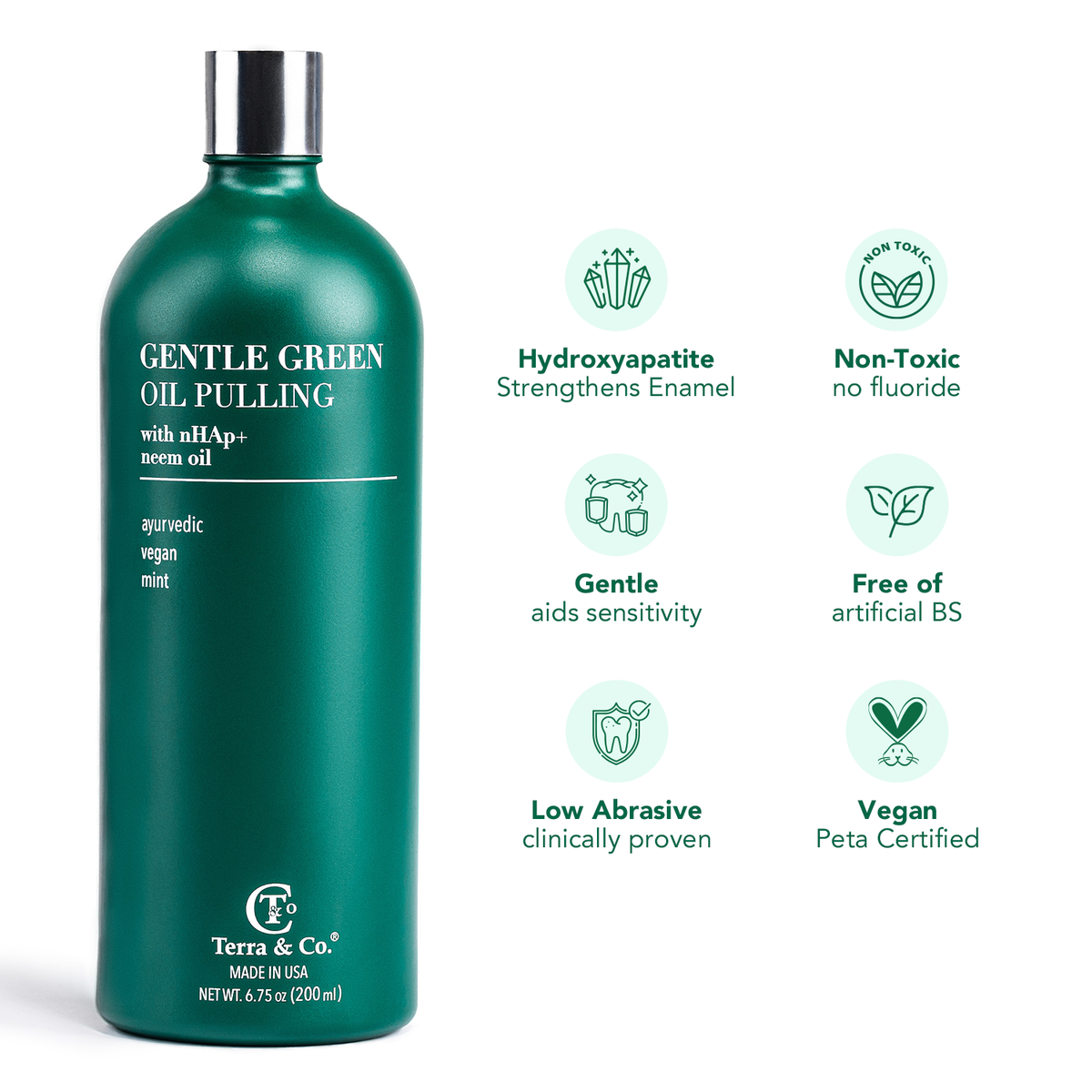 Gentle green oil pulling rinse bottle with enamel and non-toxic label icons