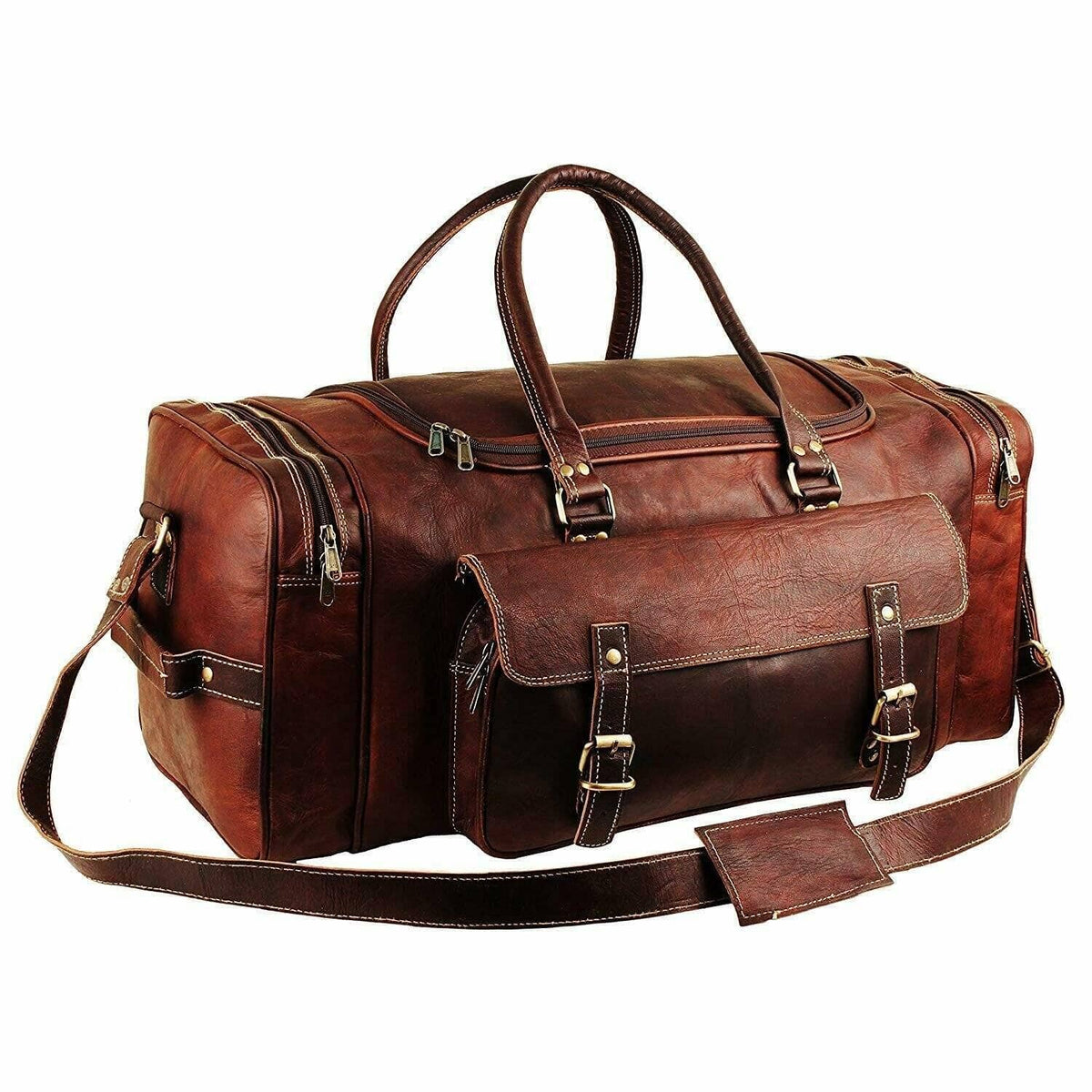 Brown leather travel duffle with top handles, front flap pocket, and two side straps