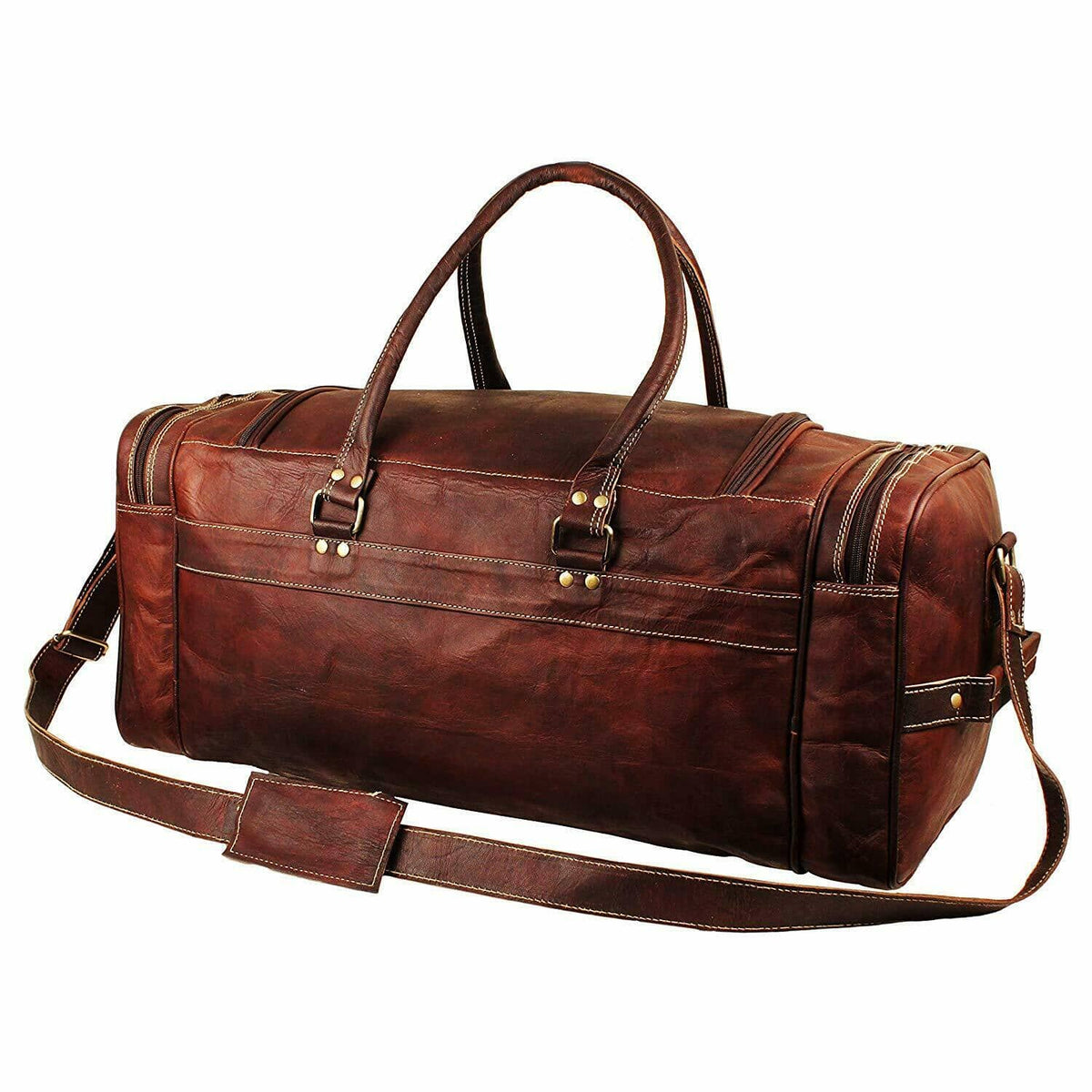 Brown leather duffle with front strap buckle, top handle, and crossbody shoulder strap