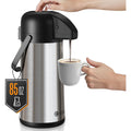 85 oz stainless air pump pot with black lid, pouring into white cup