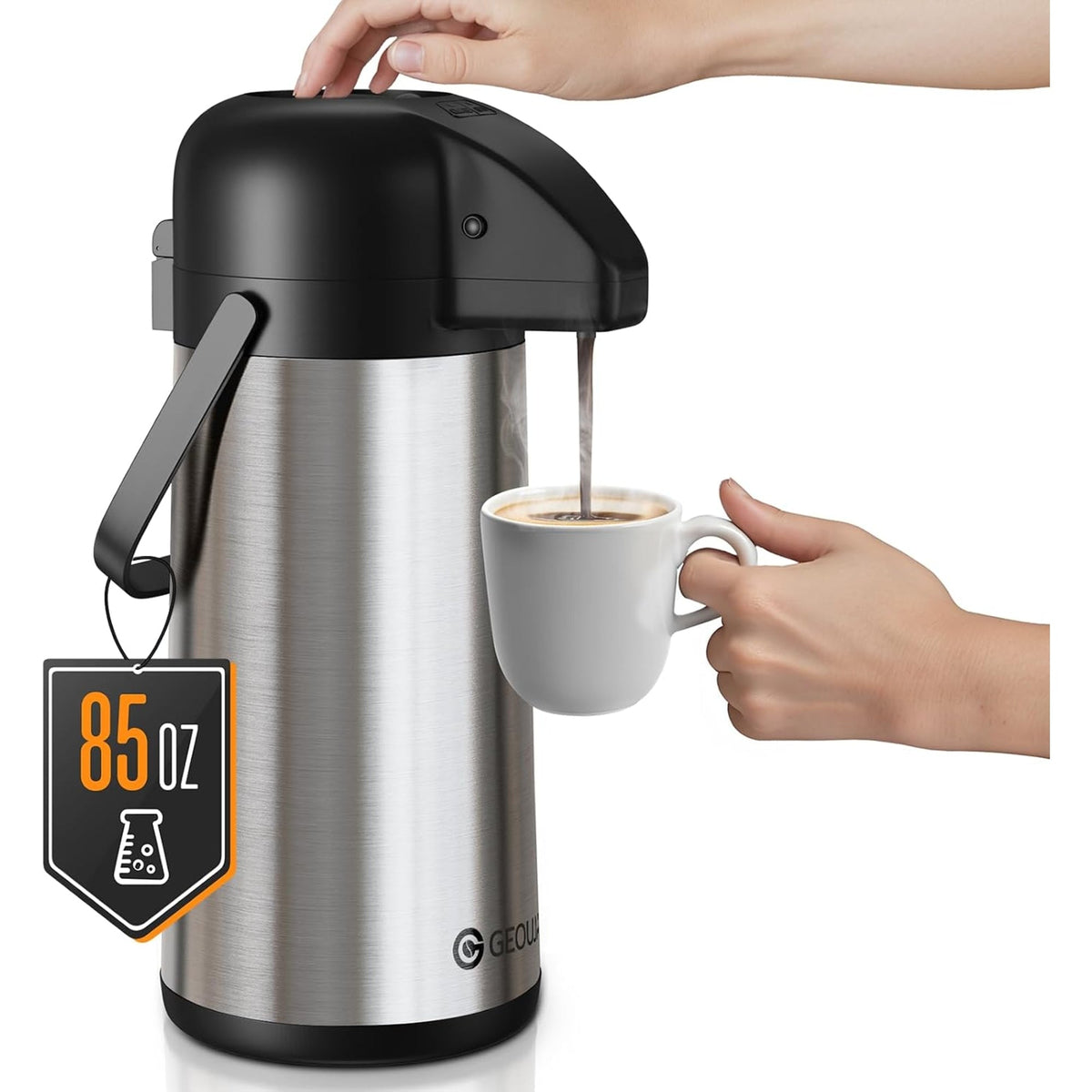 85 oz stainless air pump pot with black lid, pouring into white cup