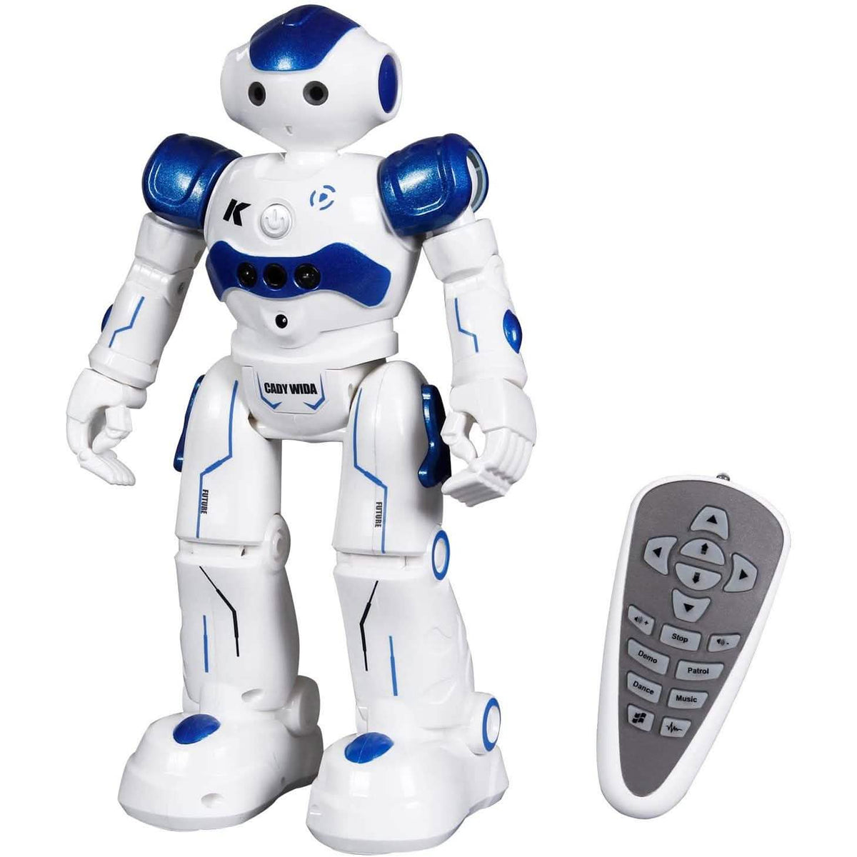 Blue and white gesture-sensing robot toy with handheld remote control, standing