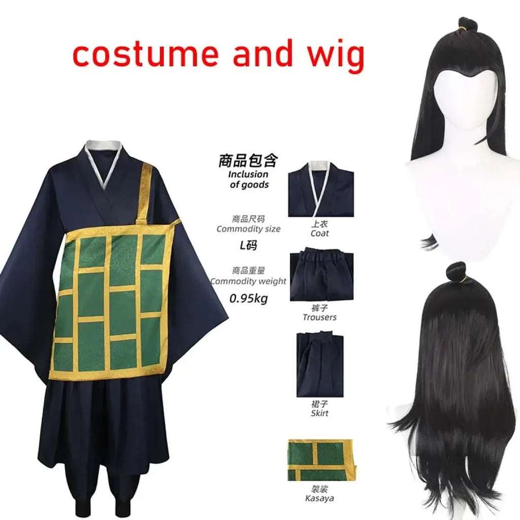Navy kimono cosplay with gold trim, matching trousers, and long black wig