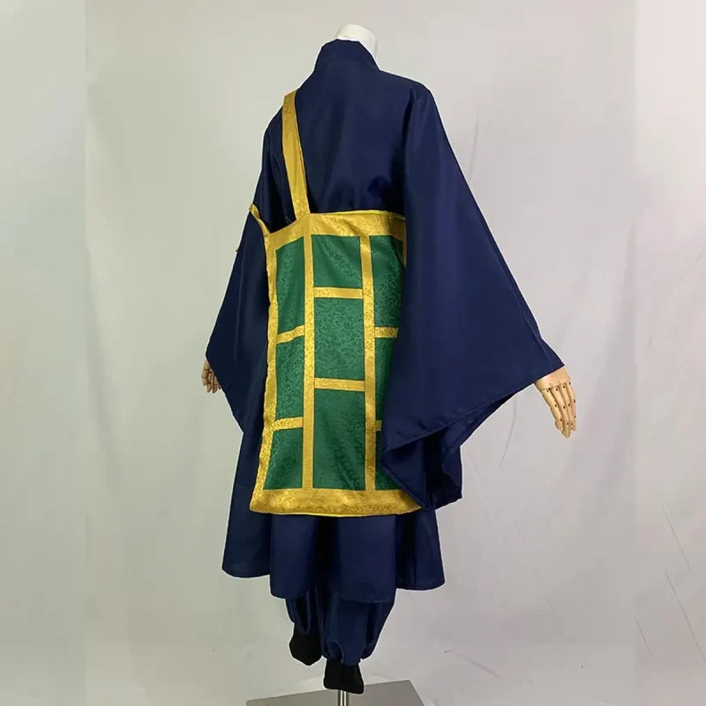 Navy kimono cosplay costume with green-and-gold front panel, shown from back