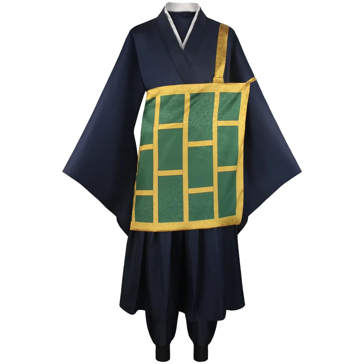 Navy kimono cosplay costume with gold-and-green rectangular front apron and white collar