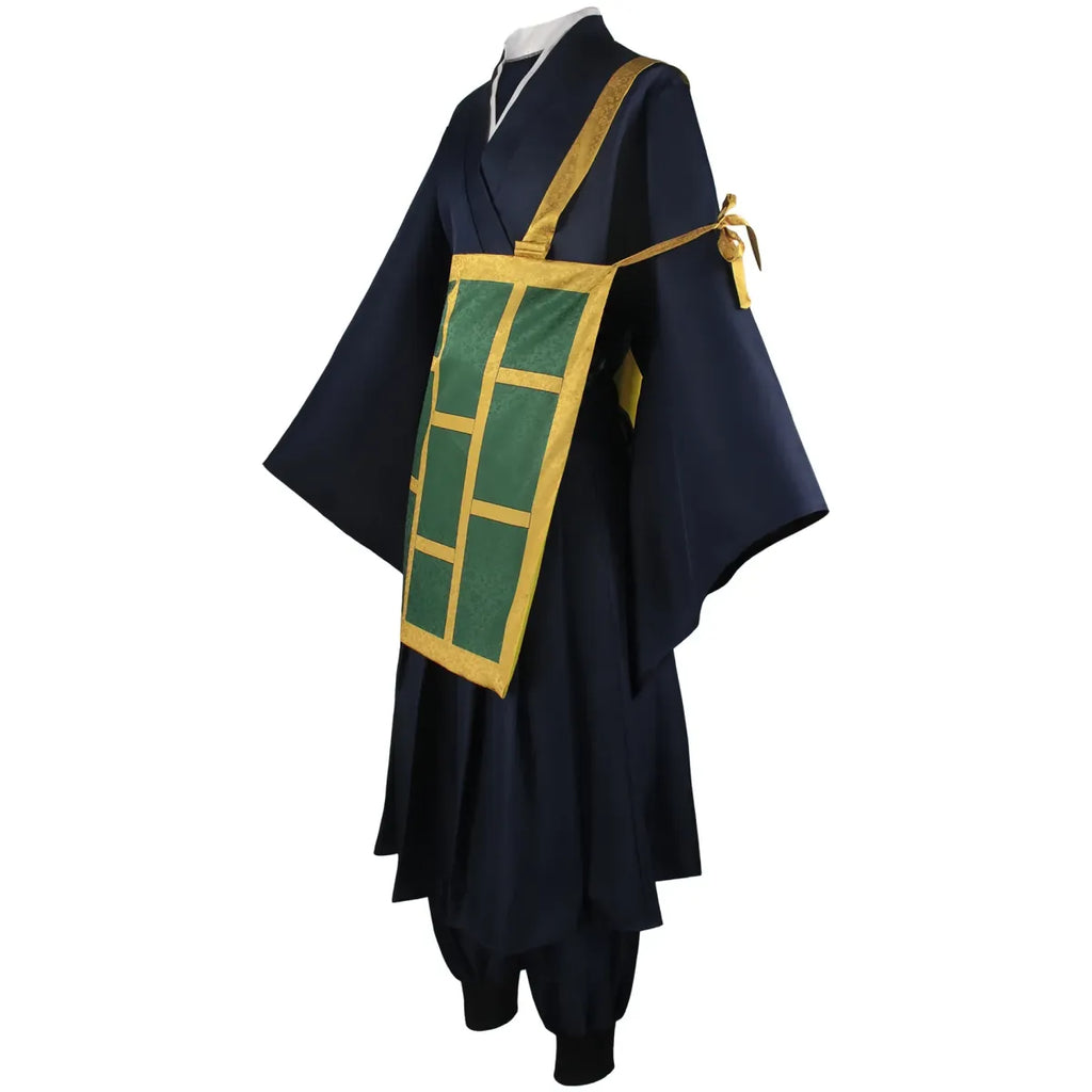 Navy kimono cosplay costume with gold diagonal strap and green square front panel