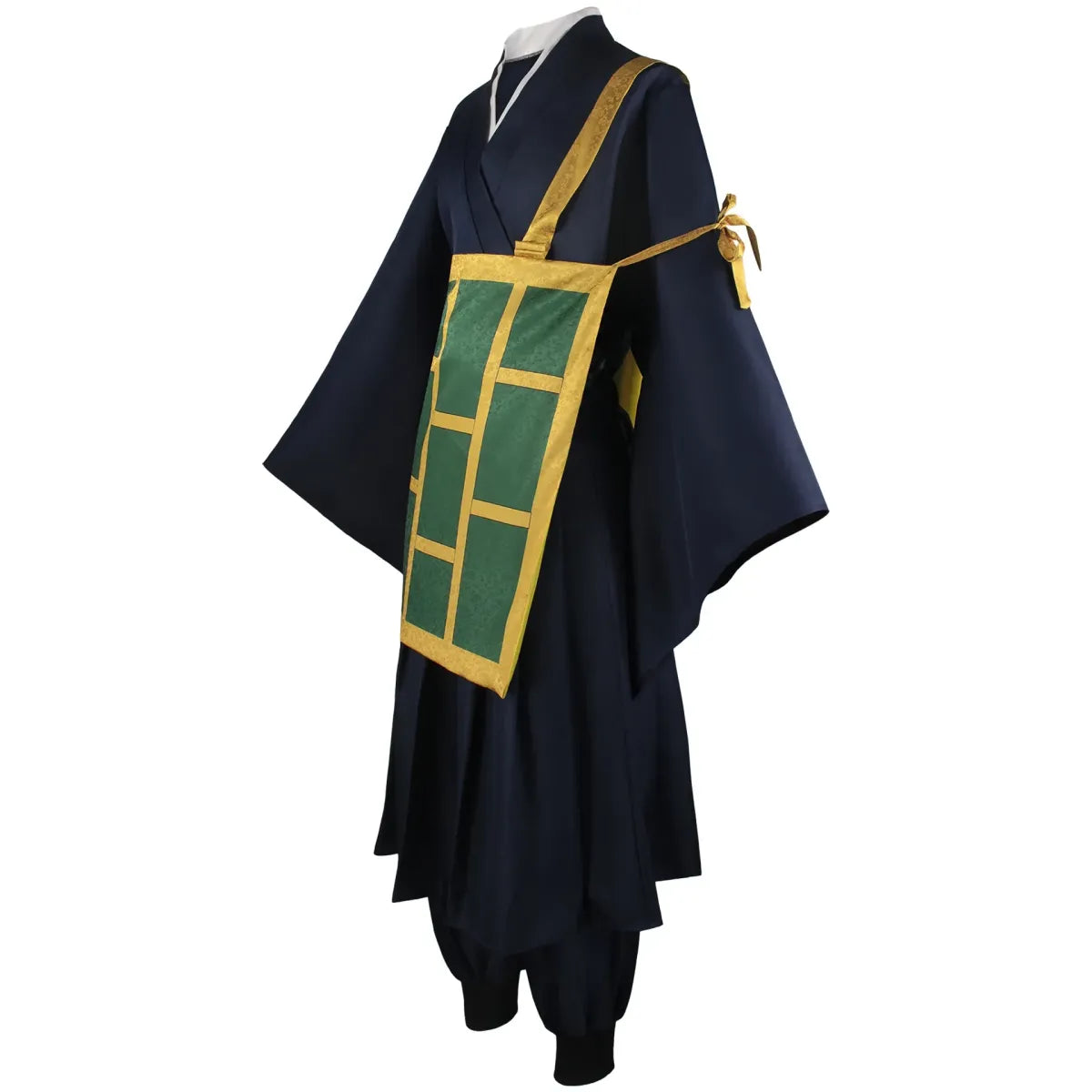 Navy kimono cosplay costume with gold diagonal strap and green square front panel