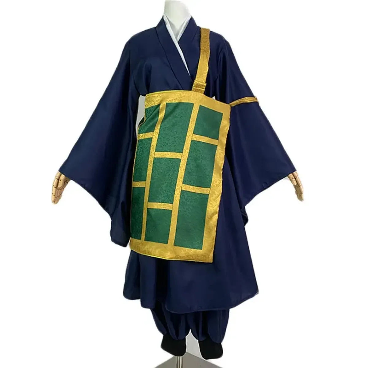 Navy kimono cosplay costume with white collar, gold trim, green grid front panel
