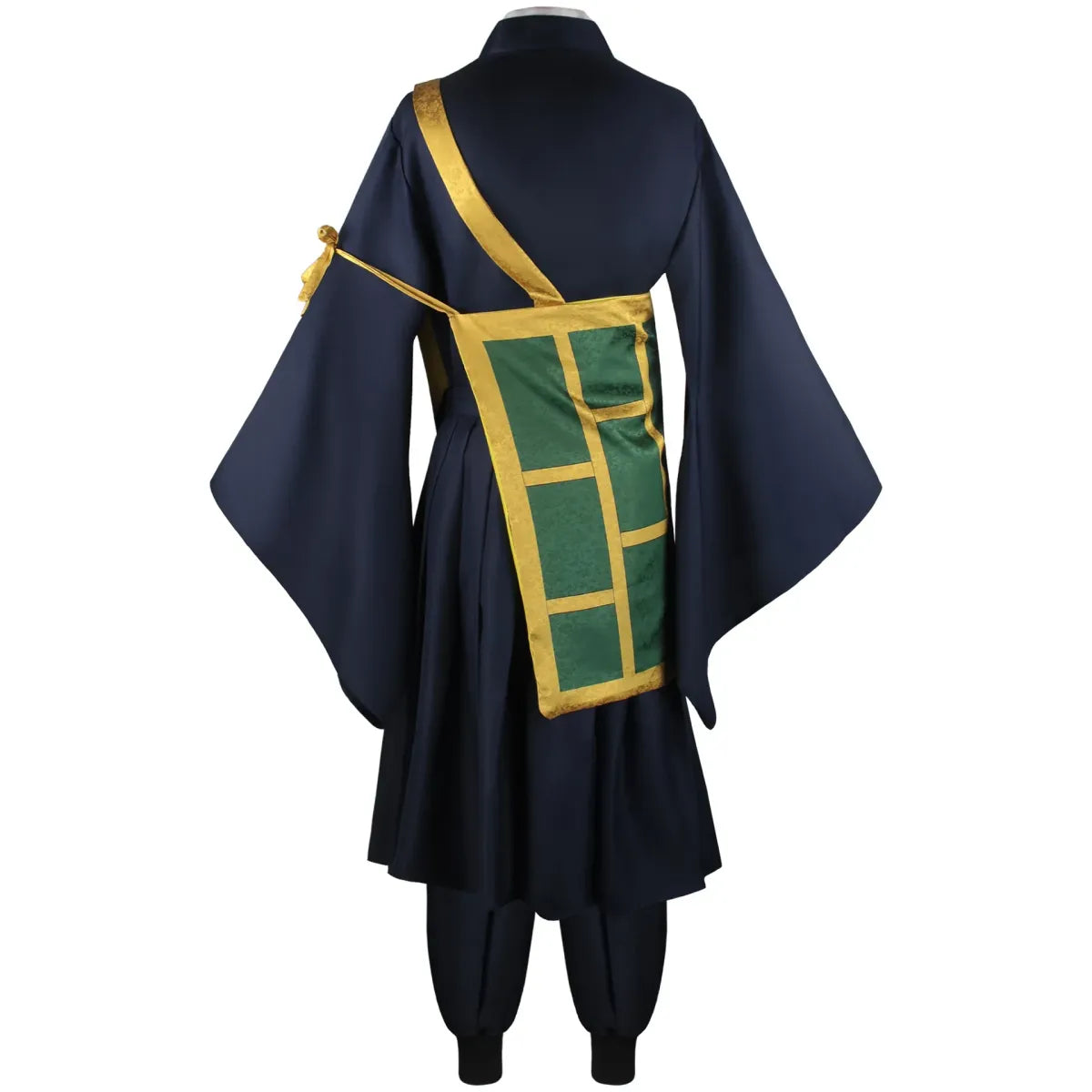 Navy kimono cosplay costume with back-facing gold strap and green front panel