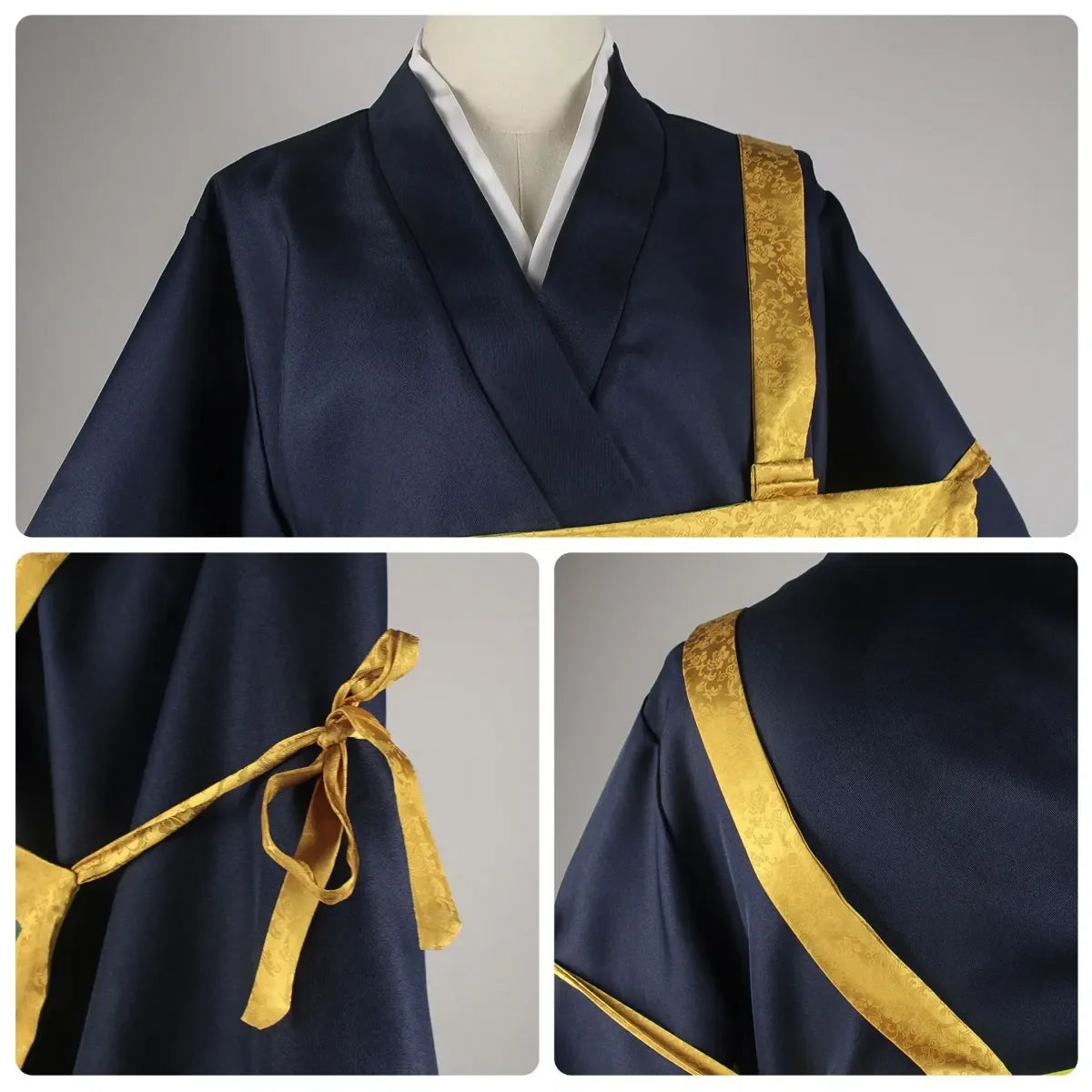 Navy cosplay kimono with gold trim and cream-lined collar, tied waist sash