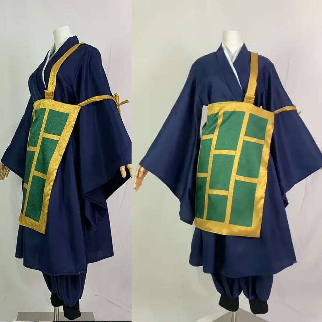 Navy kimono cosplay set with gold-strap tote panel and green window pattern, side view