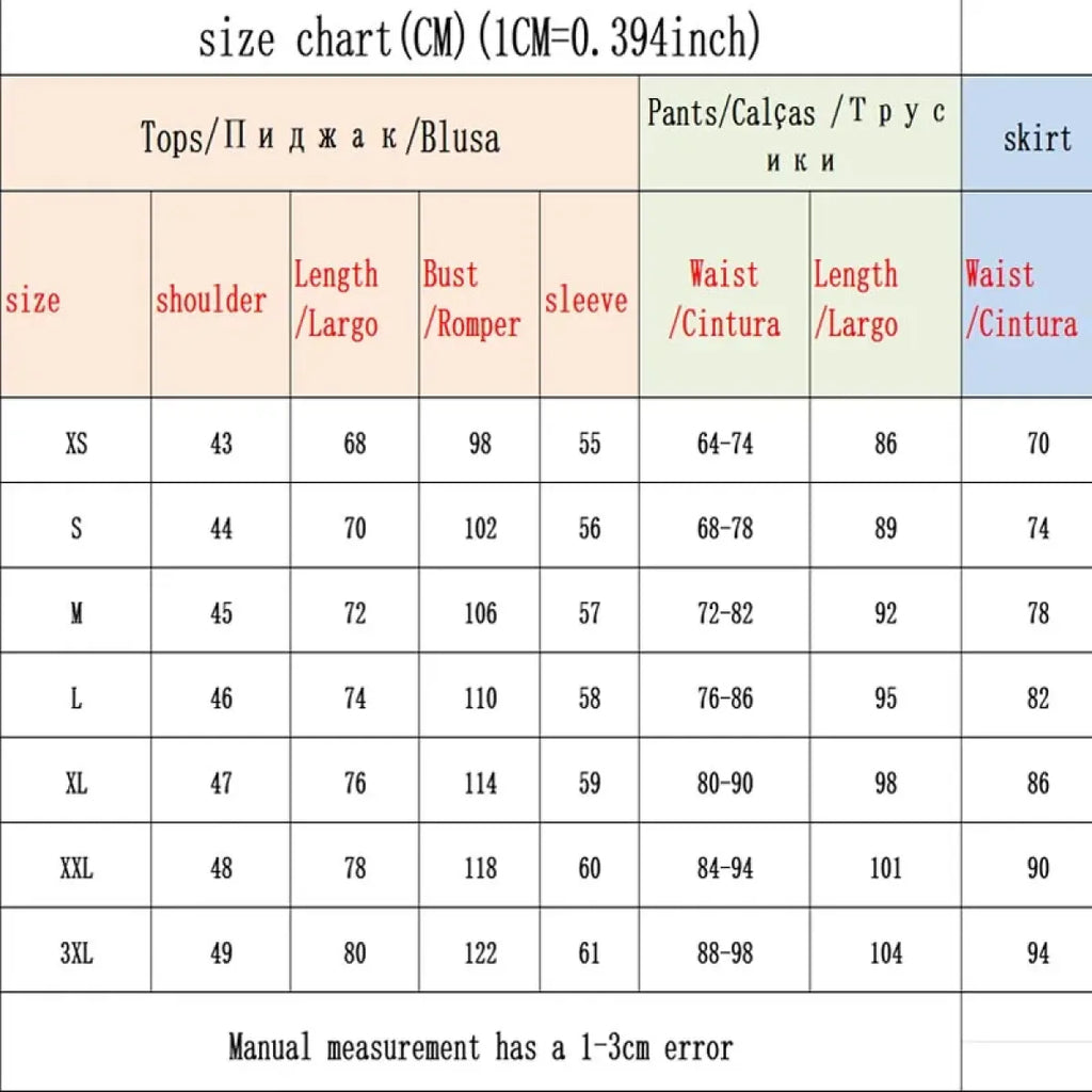 Cosplay kimono costume size chart table with top, pants, and skirt measurements