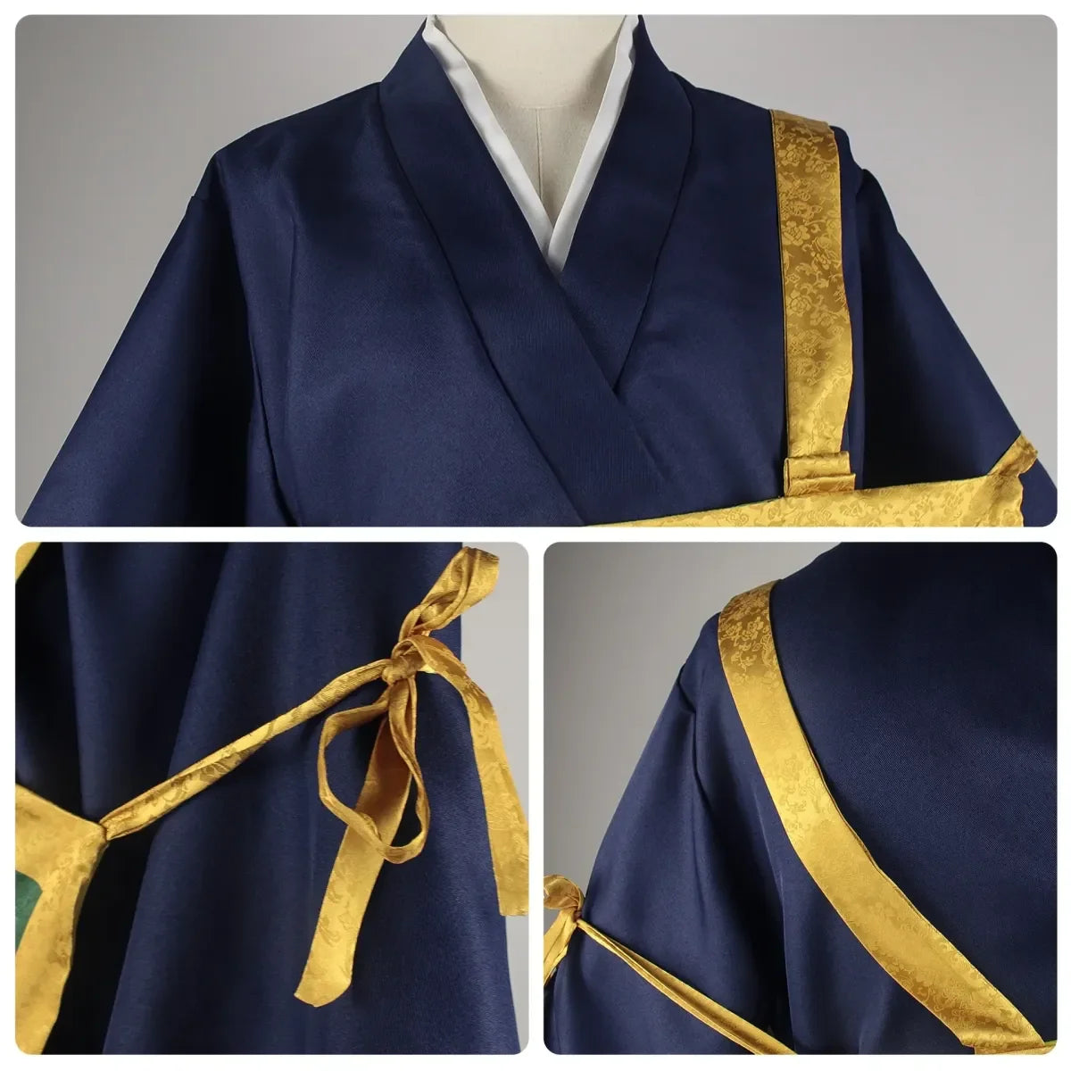Navy kimono cosplay costume with gold drawstring ties and draped sleeves, detail view