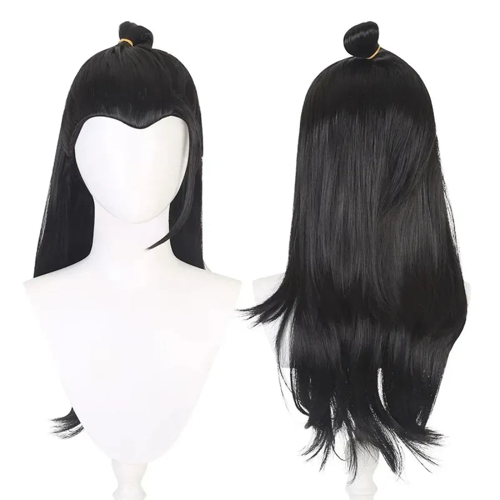 Black long wig with two high buns and straight, layered hair