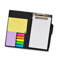 Black desk organizer with clipboard and multi-color sticky note pads