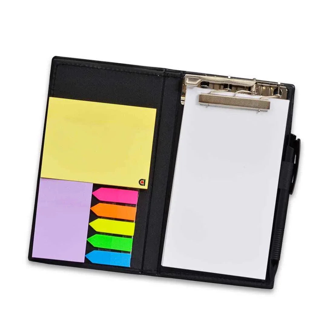 Black desk organizer with clipboard and multi-color sticky note pads