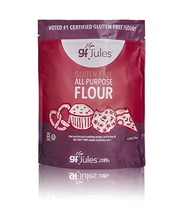 gfJules gluten-free all-purpose flour bag, maroon and white front packaging.