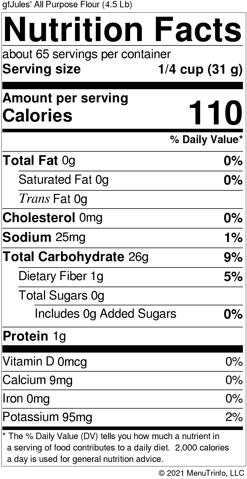 gfJules all-purpose gluten-free flour Nutrition Facts label, serving 1/4 cup (31 g).