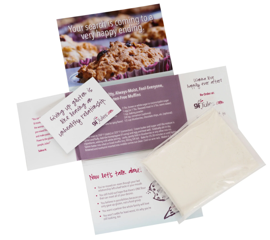 Gluten-free flour sample packets and printed info cards
