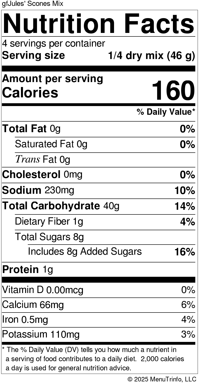 Nutrition Facts label for scone mix, 1/4 dry mix (46 g) serving size