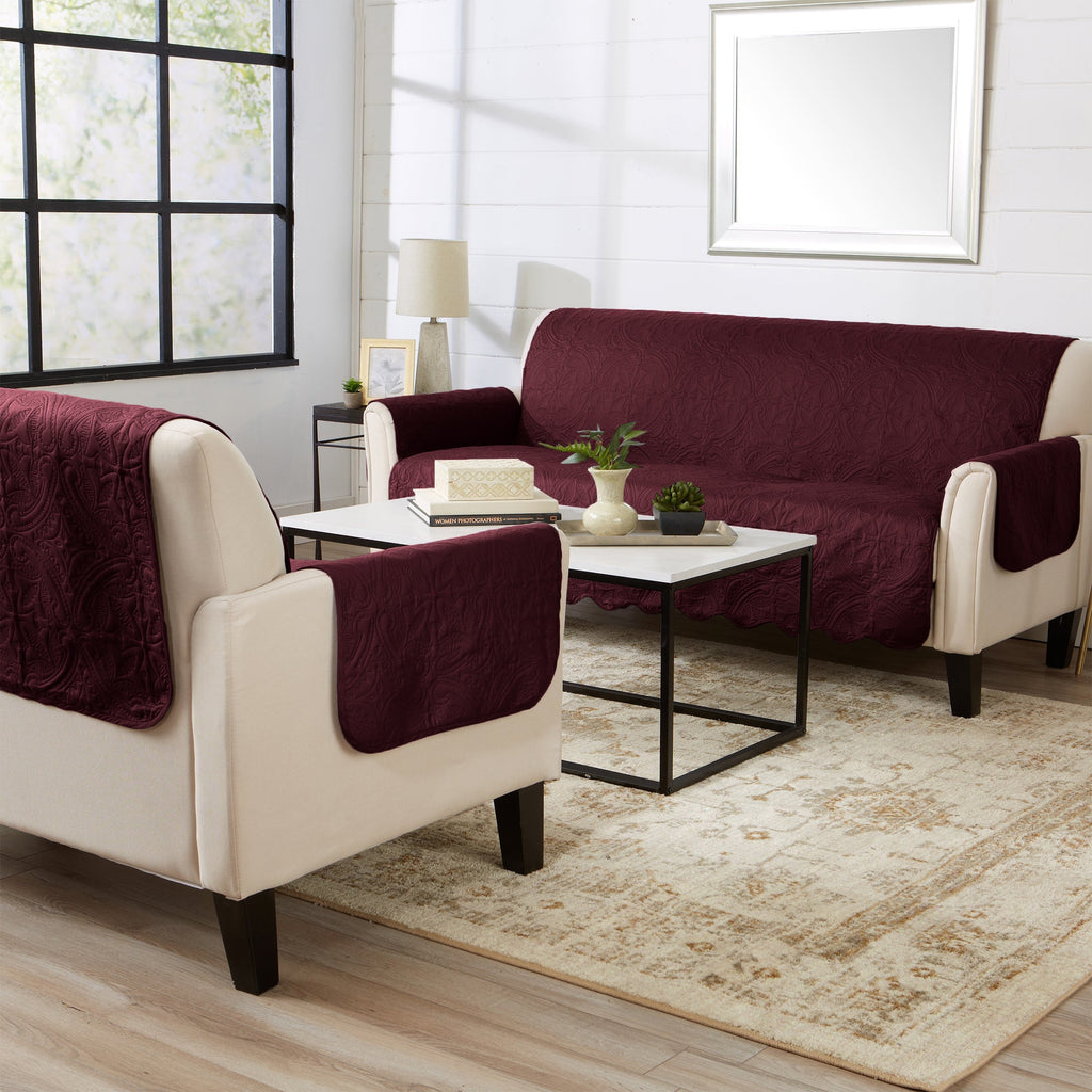 Medallion solid furniture protector in wine-red with draped armchair coverage