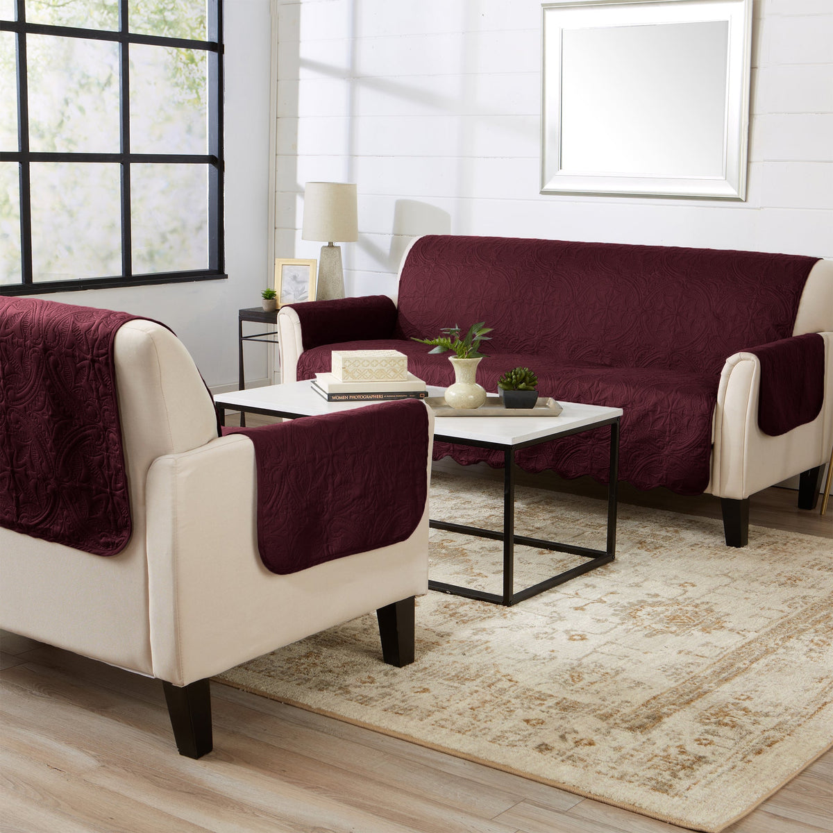 Medallion solid furniture protector in wine-red with draped armchair coverage