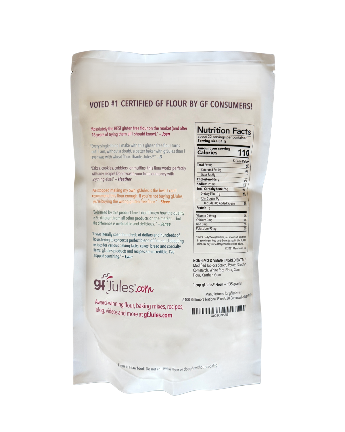 gfJules gluten-free all-purpose flour bag with Nutrition Facts and ingredient text.