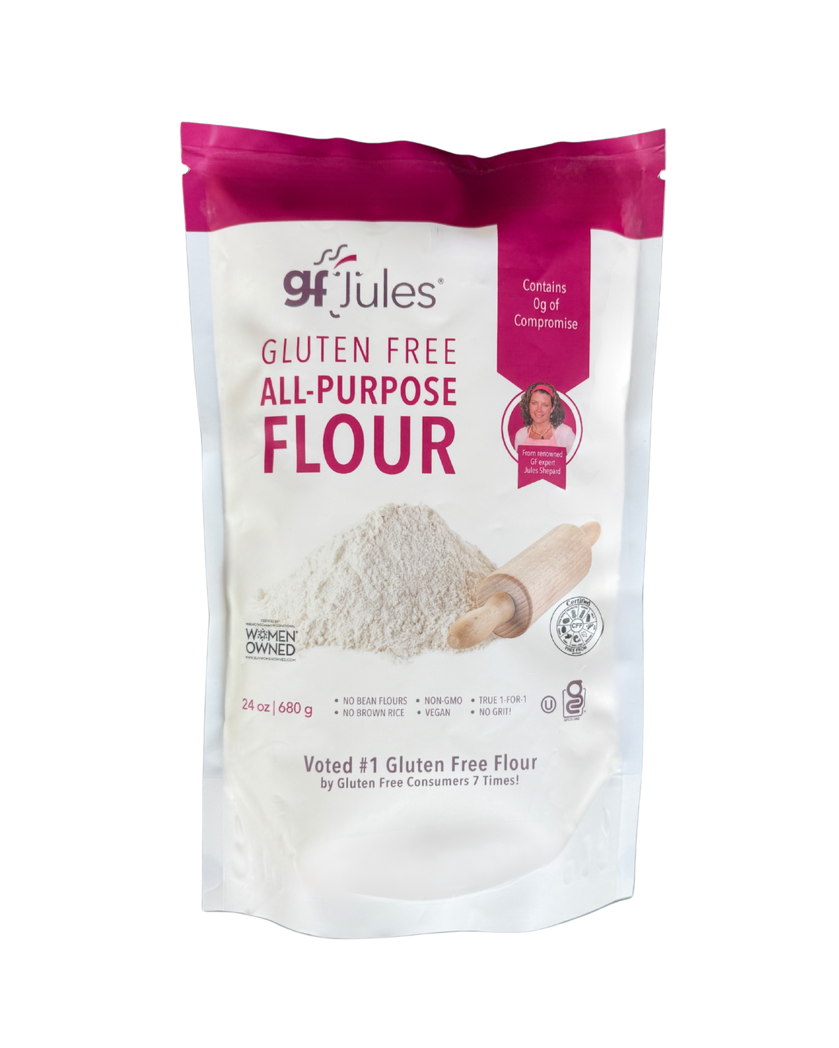 gfJules gluten-free all-purpose flour bag, white and pink back panel with icons.