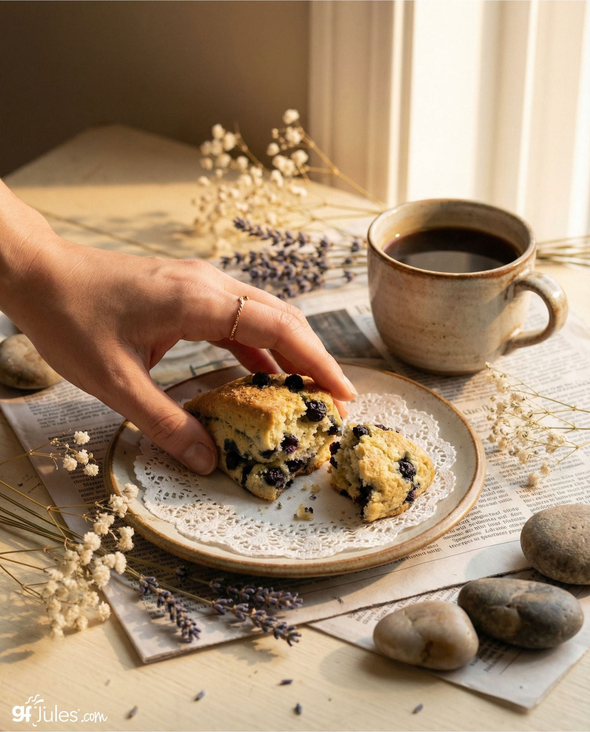 Three berry scones on a plate with a cup of coffee and dried herbs