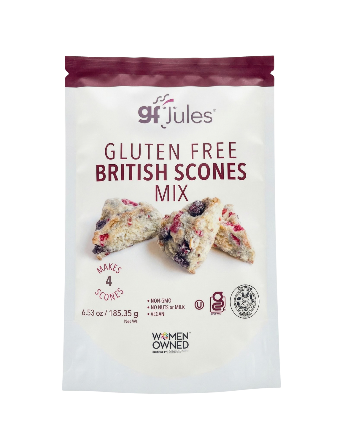 Gluten-free British scones mix pouch with gfJules logo and burgundy top seal