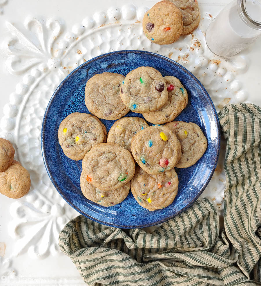 Blue plate of gluten free cookies with colorful chips