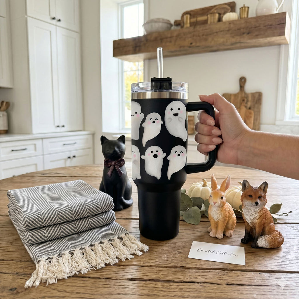 40oz black tumbler with ghost print, clear lid, and metal straw, held by a hand.