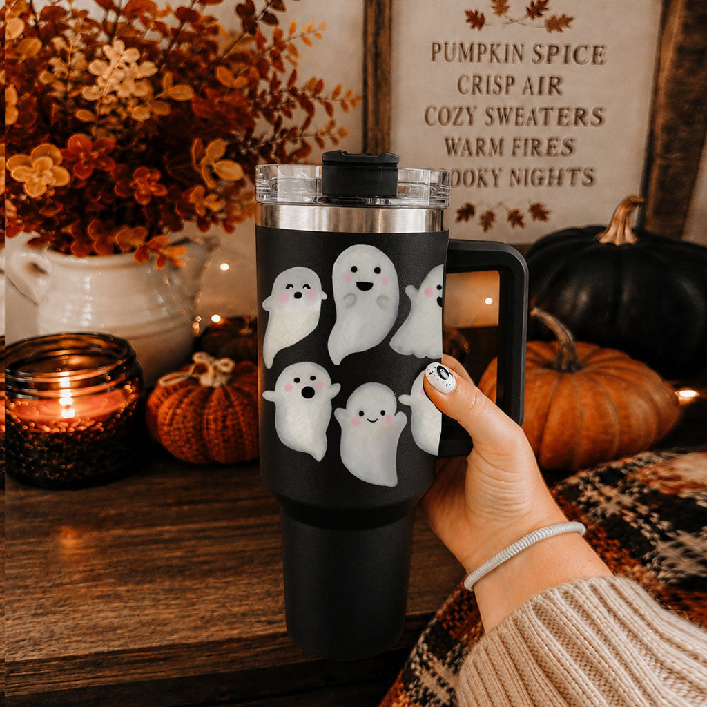40oz ghost tumbler with clear lid and black handle, ghost faces on front