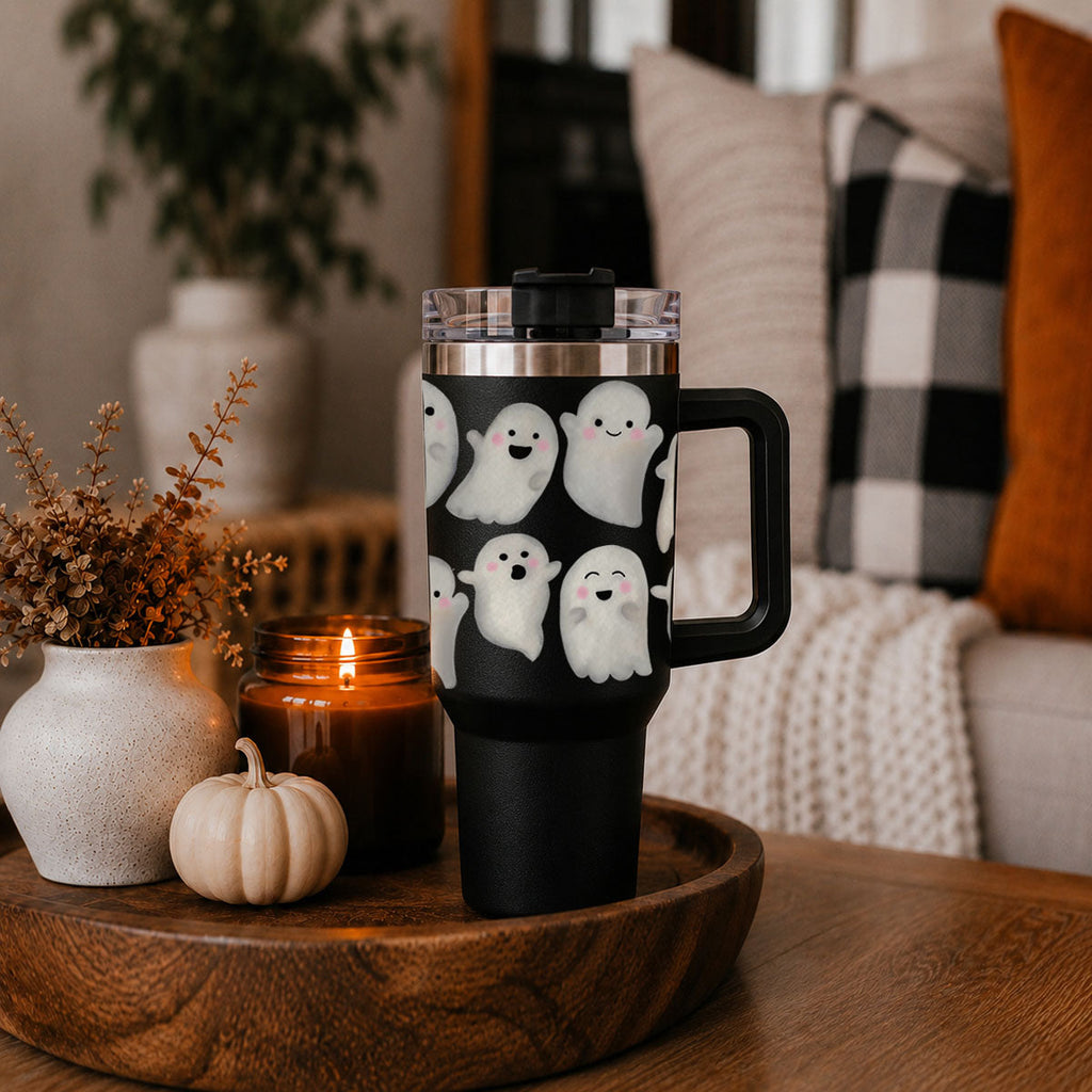 40oz black ghost tumbler standing with clear lid and side handle