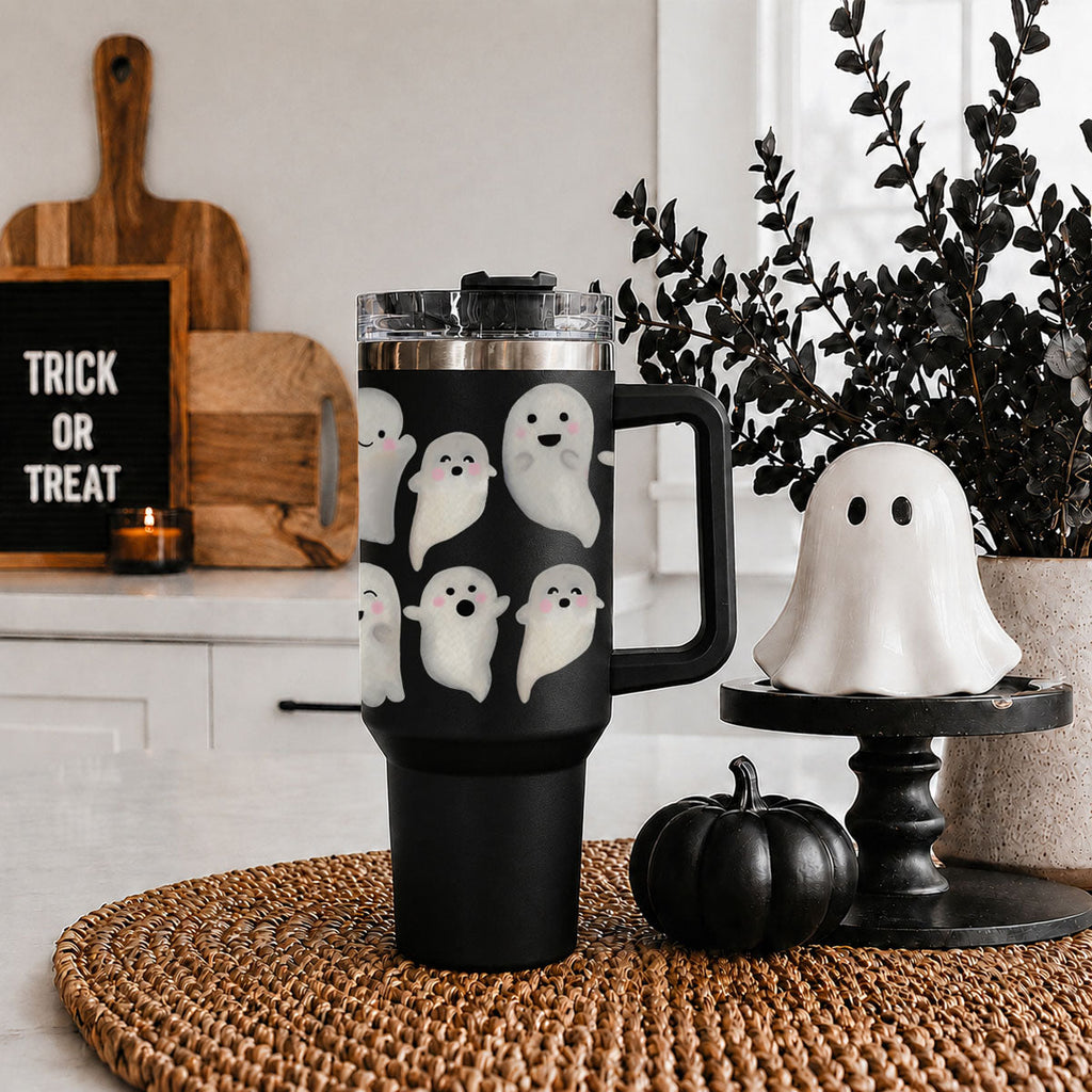 40oz black tumbler featuring white ghost print, clear lid, and carry handle