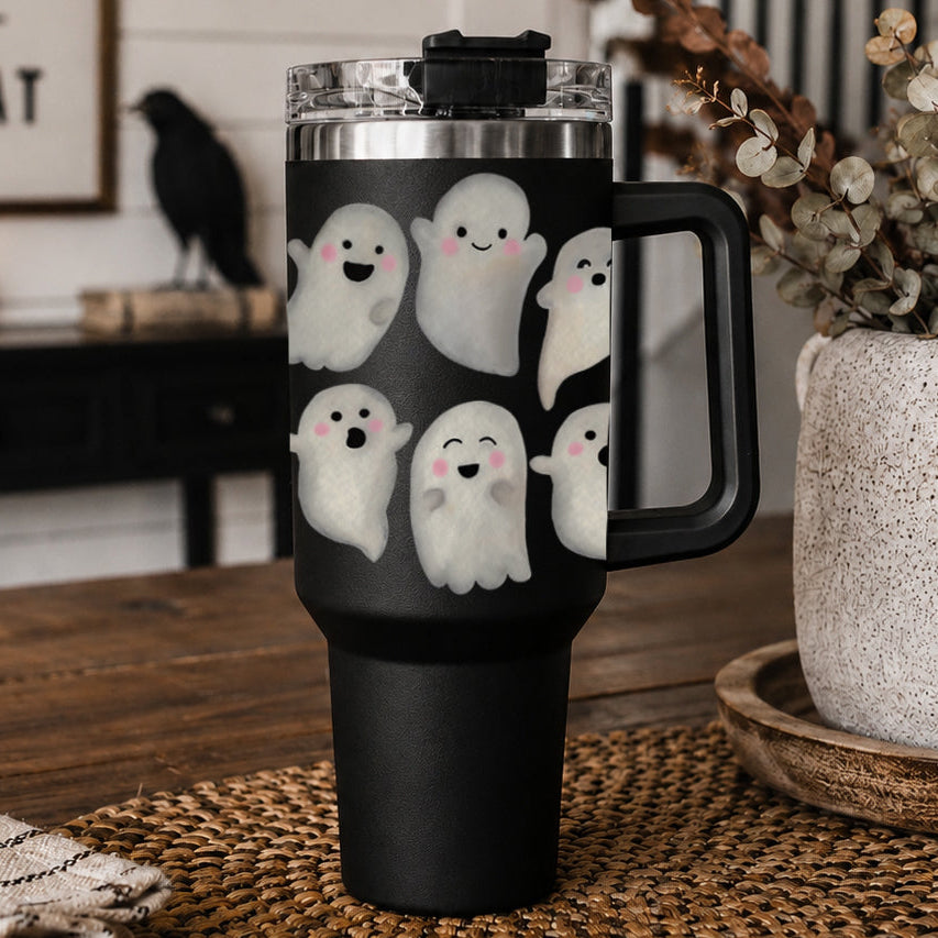 40oz ghost-themed tumbler with black body, clear lid, and side handle