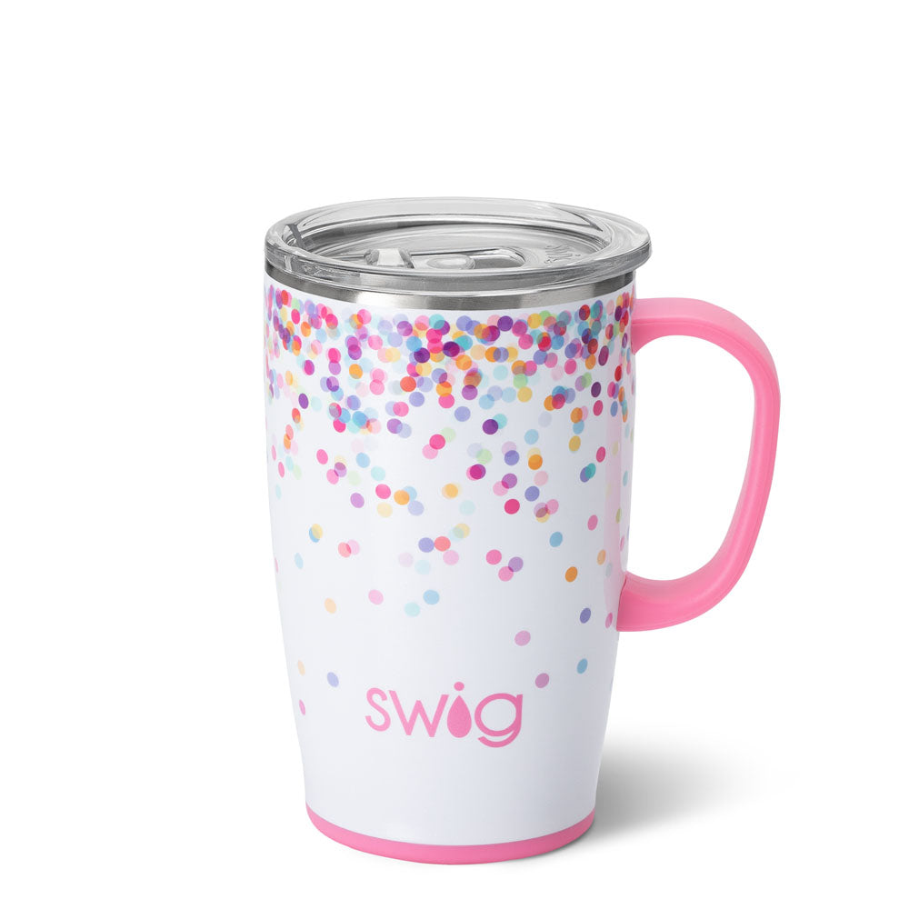 18oz confetti travel mug with pink handle, clear lid, multicolor dot pattern