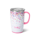 18oz confetti travel mug with pink handle, clear lid, multicolor dot pattern