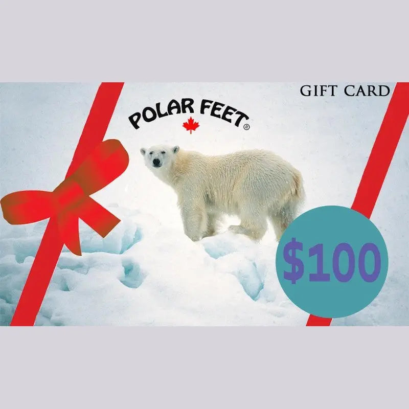 Polar Feet gift card with polar bear, $100 value circle
