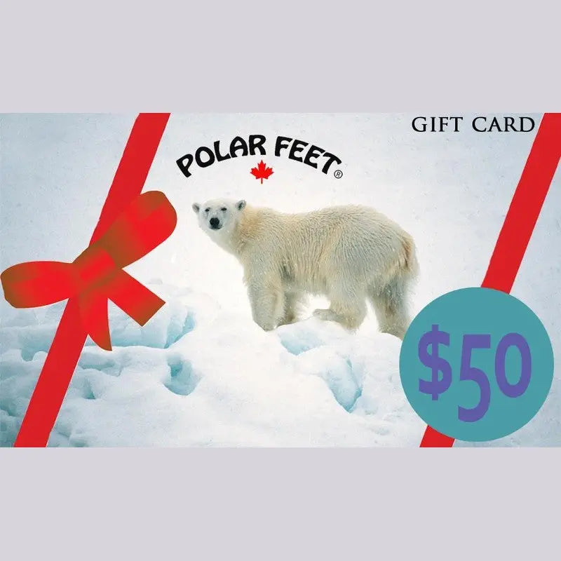 Polar Feet gift card with polar bear, $50 value circle