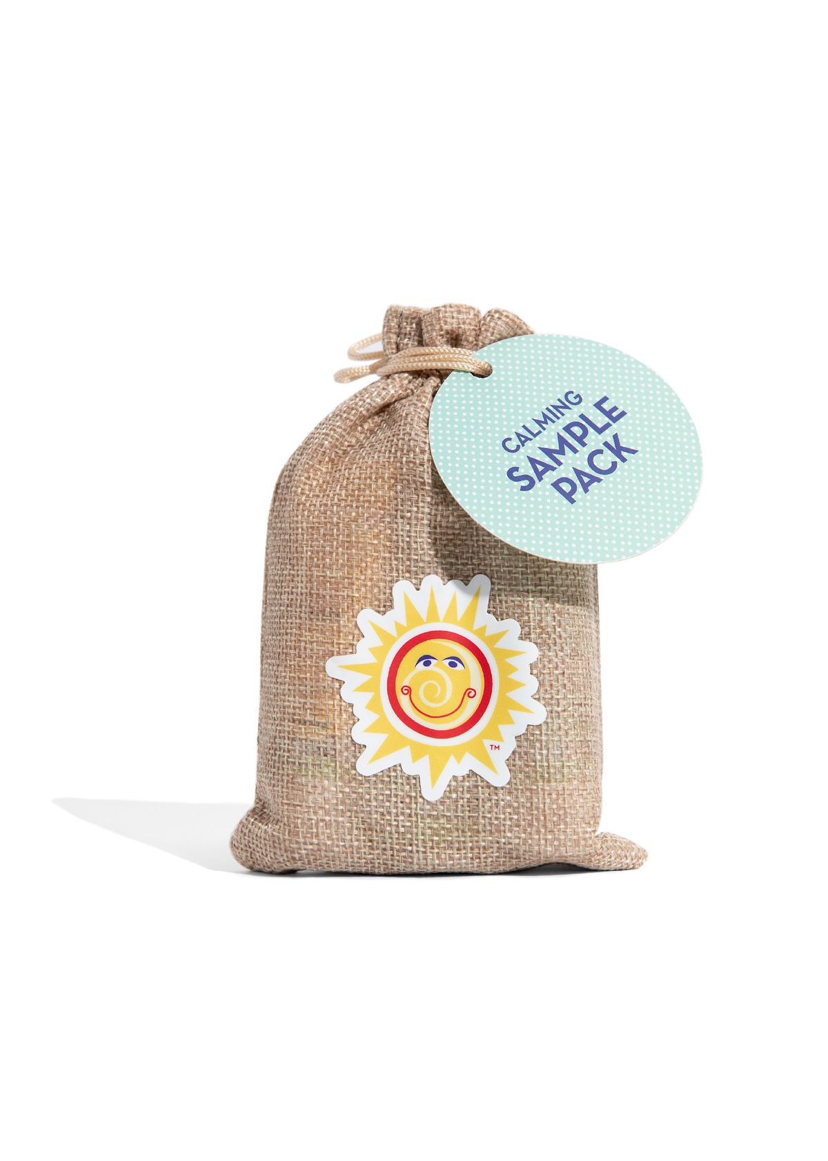 Calming™ sample pack burlap drawstring pouch with round blue label