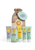 Calming™ sample pack with burlap pouch and assorted skincare tubes, including body wash and cream