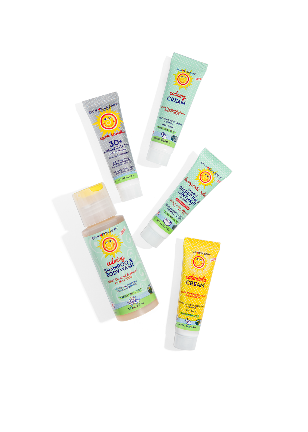 Assorted Calming skincare tubes in mint, yellow, and cream colors, sample sizes