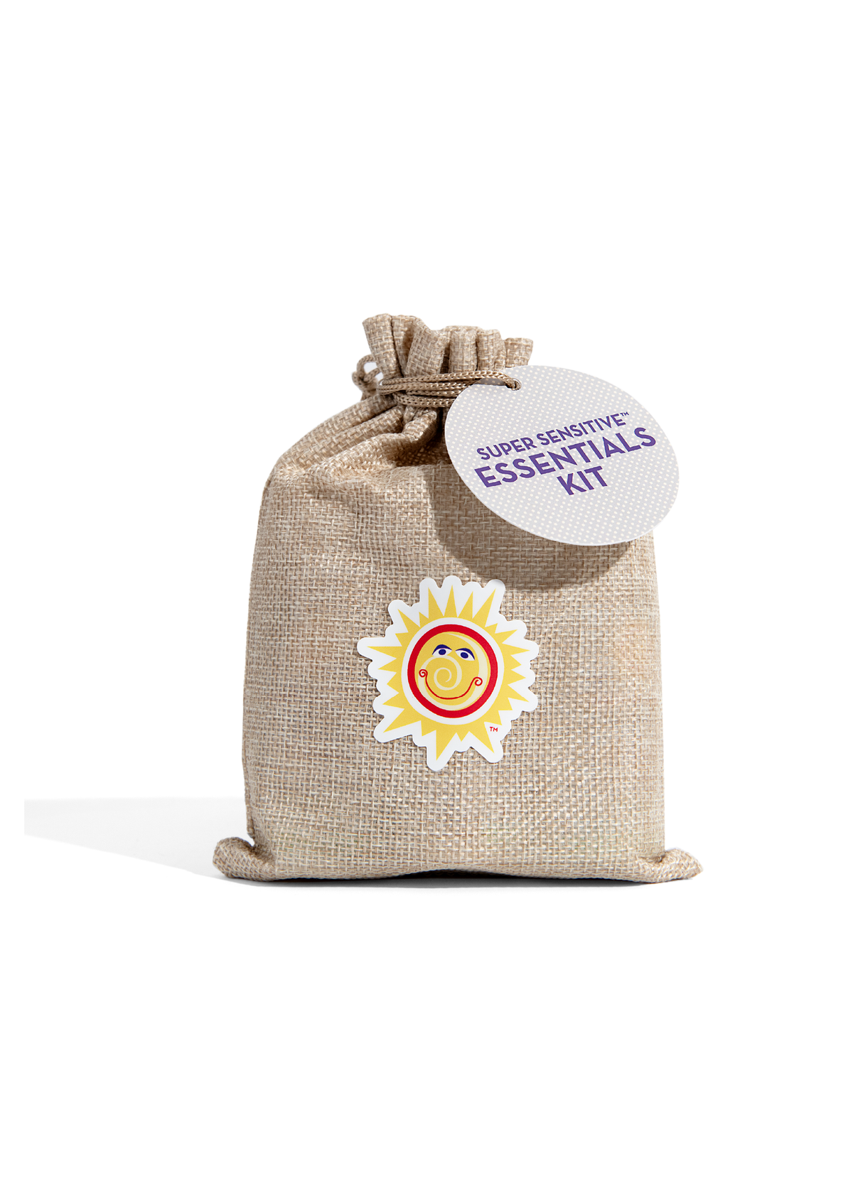 Fragrance-free essentials kit tan drawstring pouch with circular label